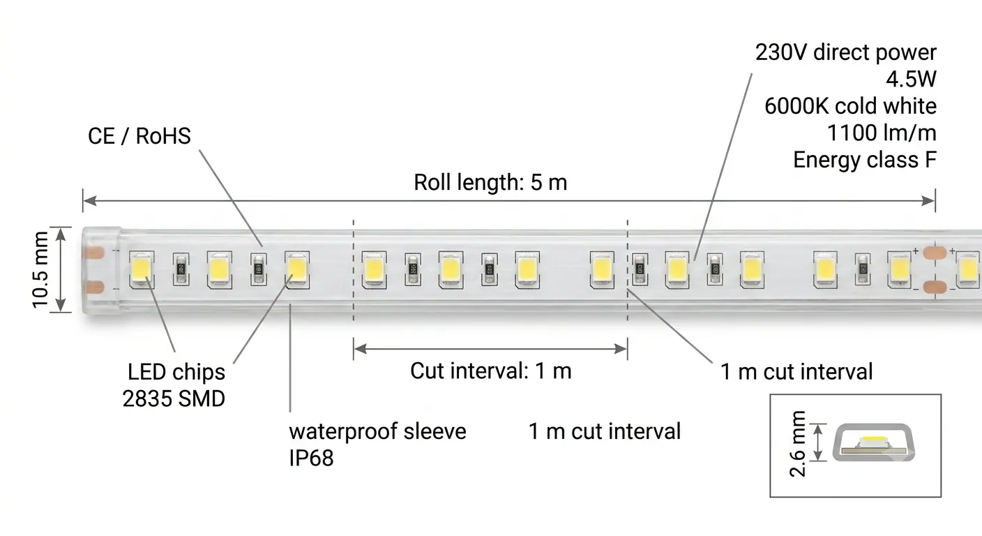 Certifikace LED pásku 230V 111802 — IP68, energetická třída F, CE, RoHS